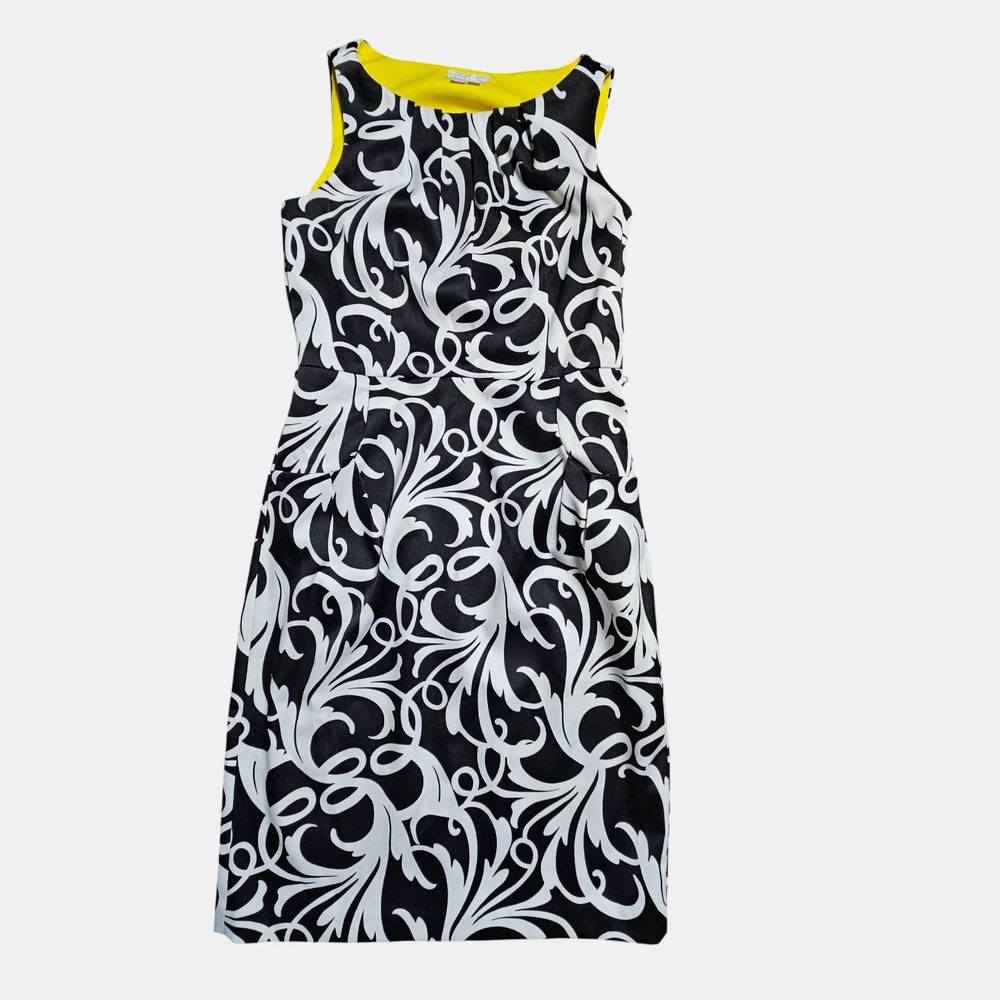 London Times Damask Print Pleated Yoke Sleeveless Sheath Dress 6 Office Siren